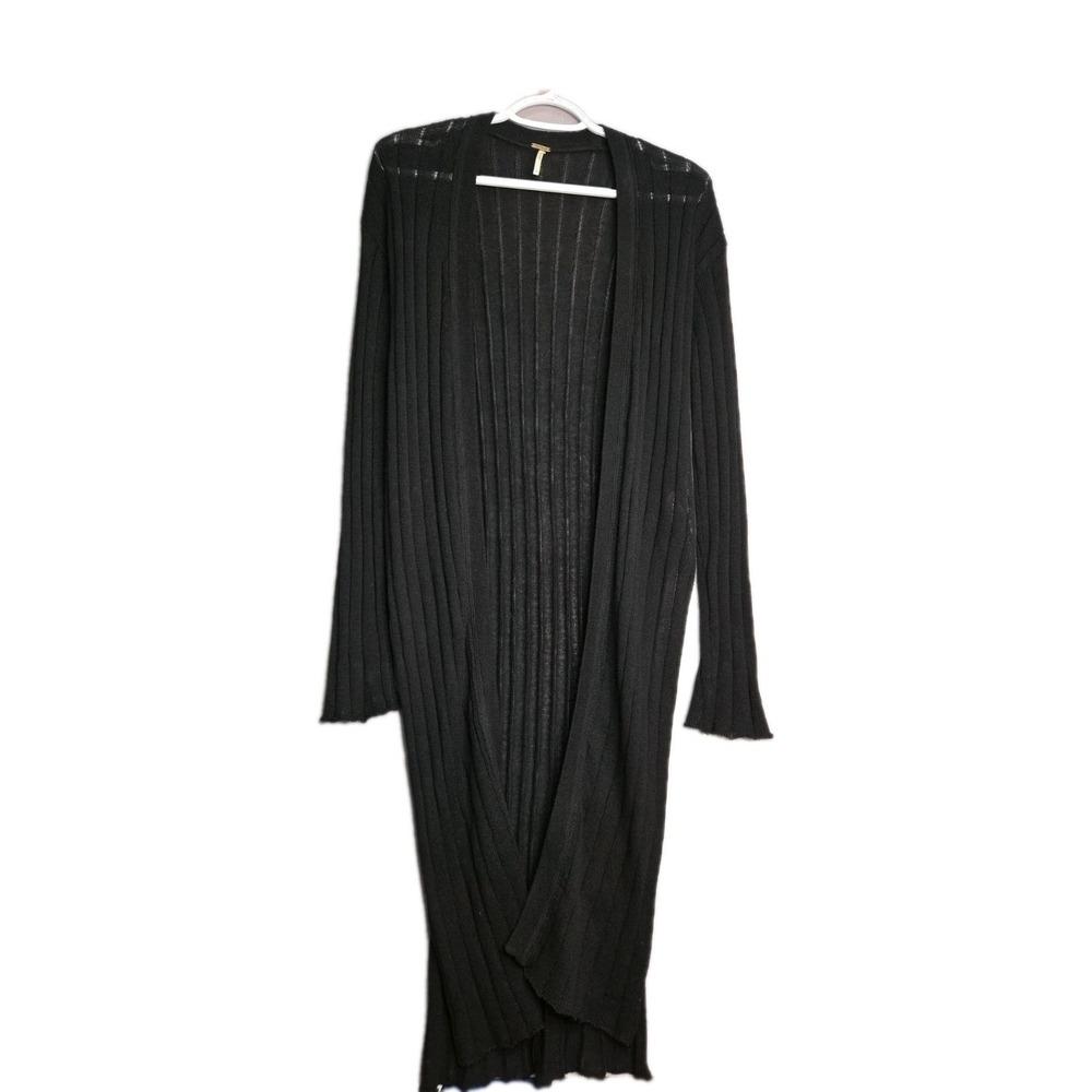 Free People Cardigan Womens XS Black Linen Blend Ribbed Grunge Whimsigoth Witchy - Picture 2 of 10